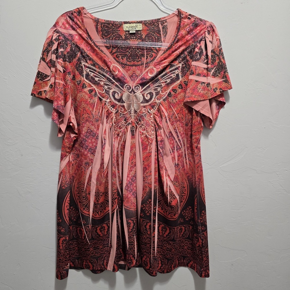 Y2K One World Tunic Top Womens 1x Boho Butterfly Fairy Patchwork Embroidery